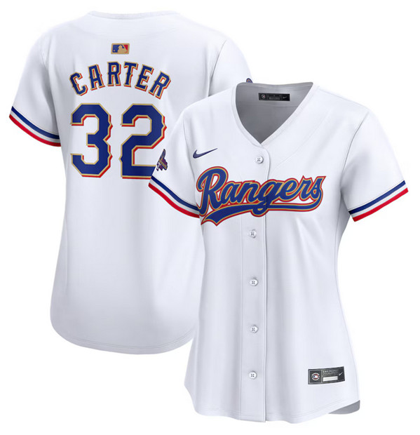 Women's Texas Rangers #32 Evan Carter White 2024 Gold Collection Stitched Baseball Jersey(Run Small)
